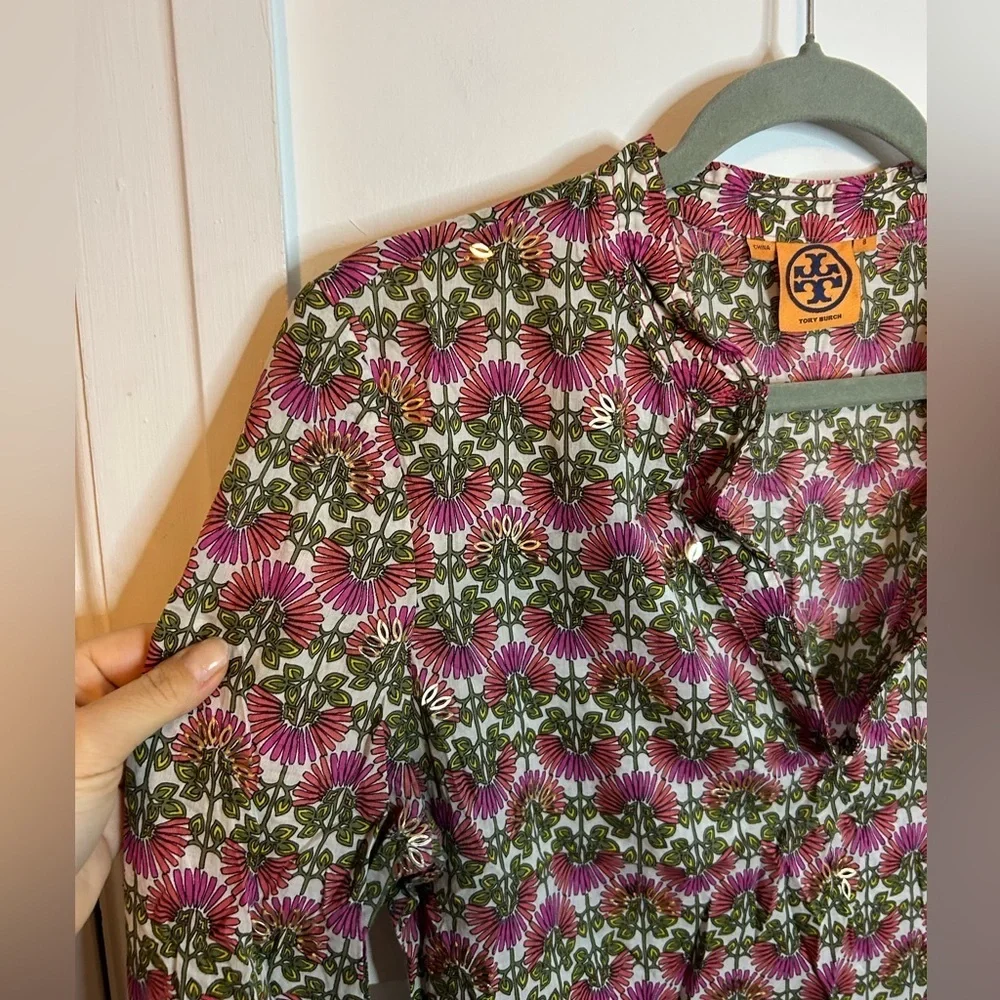 Tory Burch Pink Green Floral-Print Long Sleeve Tunic